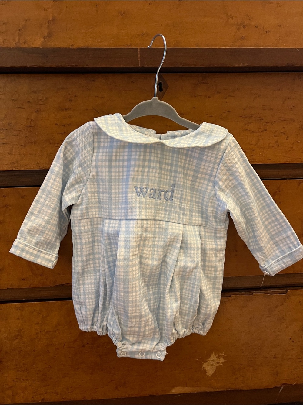 Eliza James Blue and White Plaid Baby Romper with Peter Pan Collar